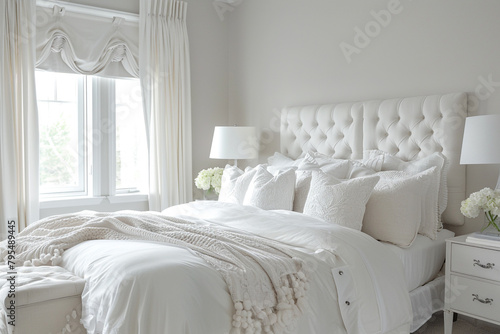 A serene white bedroom, adorned with plush bedding and subtle accents, offering a tranquil retreat captured with HD clarity.