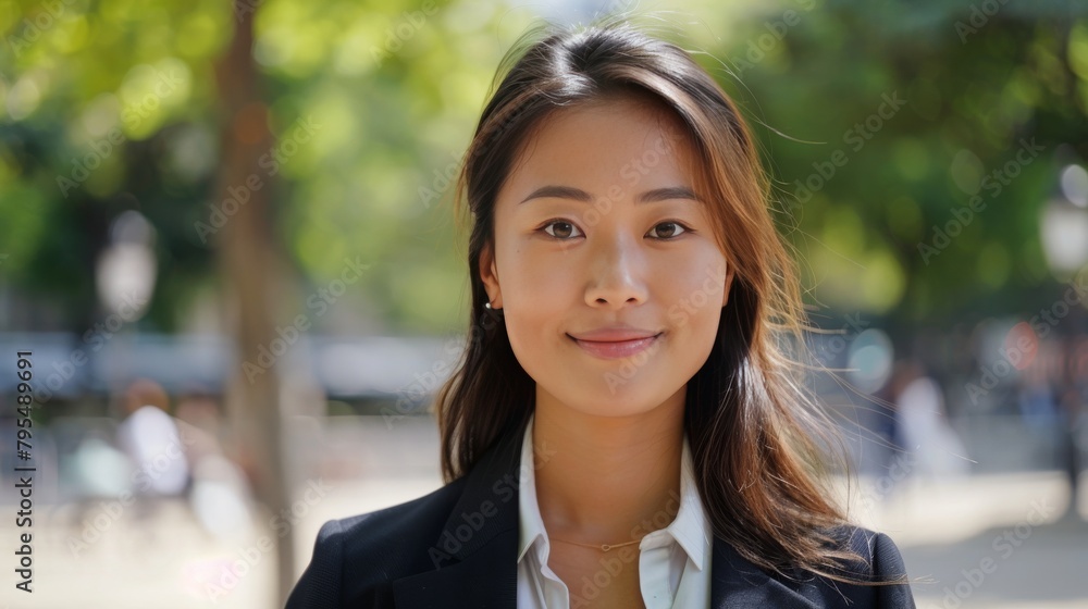 A picture of an Asian woman working smoothly in a public park in New York, with clear and fresh eyes and fashion A picture of an Asian woman working smoothly in a public park in New York, with clear and fresh eyes and fashion