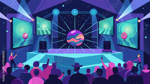 At a music festival concertgoers are surrounded by holographic neural displays bringing the stage to life with vibrant visuals and interactive.