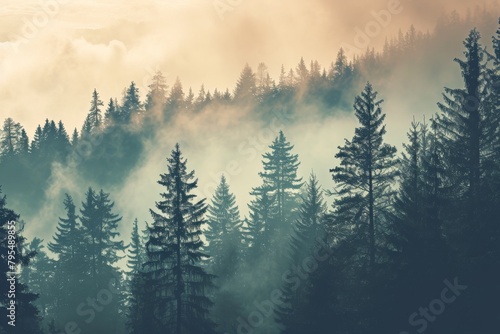 Misty landscape with fir forest in vintage retro  , AI generated © Tanu