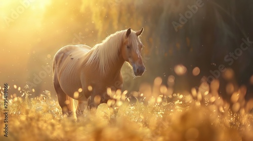 Beautiful gray horse in nature, summer nature background, sunset light,