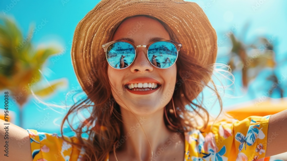 Cheerful woman with blue mirrored sunglasses on a sunny beach day Cheerful woman with blue mirrored sunglasses on a sunny beach day