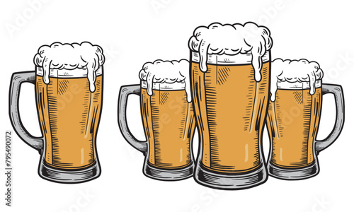 Hand drawn beer mugs full of beer and foam.vector illustration