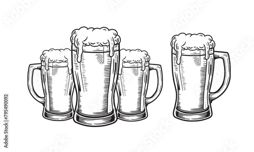 Hand drawn black and white beer mugs full of beer and foam.vector illustration