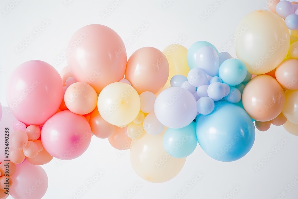 Cluster of pastel-colored balloons in various shapes and sizes, perfect for birthday parties