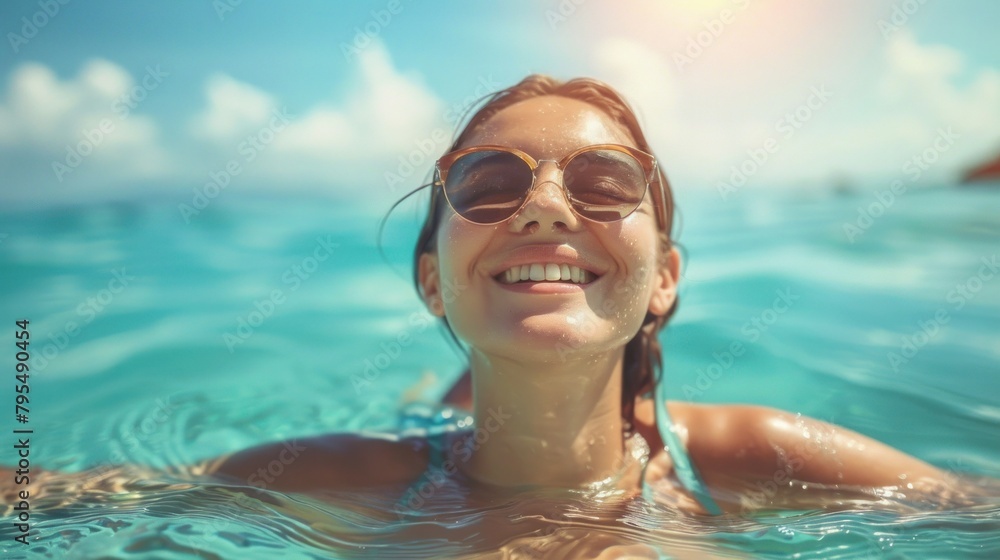 Close-up of a smiling woman in water with droplets glistening on her face on a bright sunny day