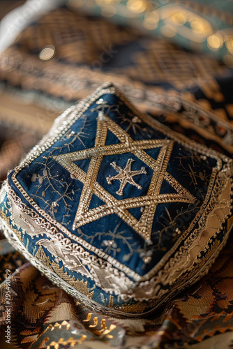 Jewish religious symbols - star of David, Torah hebrew, yarmulke - closeup
 photo