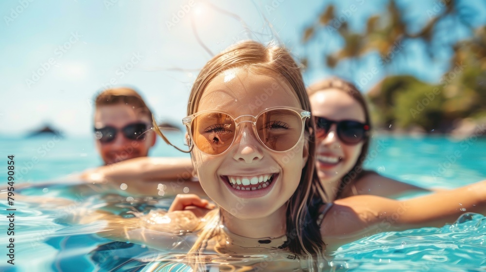 Cheerful or girl with big sunglasses takes a selfie in the sea with friends visible in the background