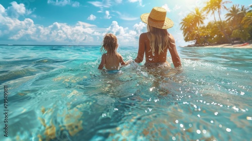 A mother guides her child through clear tropical waters towards the palm-lined beach, signifying care and guidance
