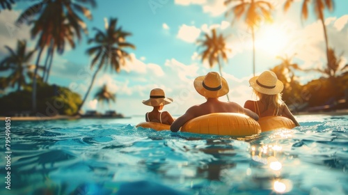 Three friends in straw hats float leisurely on yellow pool rings, enjoying a glowing sunset behind palm trees photo