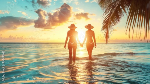Silhouettes of two women holding hands in the sea at sunset under palm trees  exuding tranquility