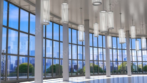 Photography Interior of atrium in a mall, commercial, business center or exhibition with designer ceiling lighting, glass facade and city views