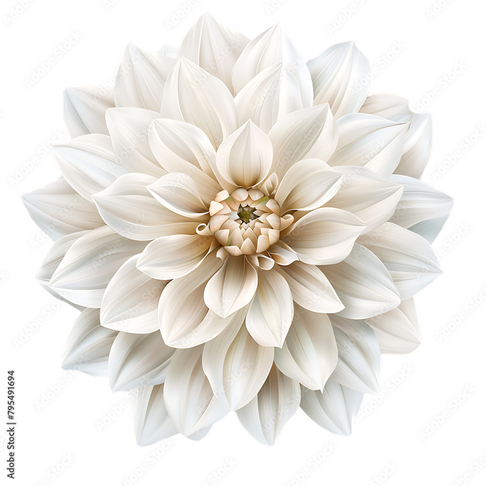 A single white dahlia is shown against a white background.
