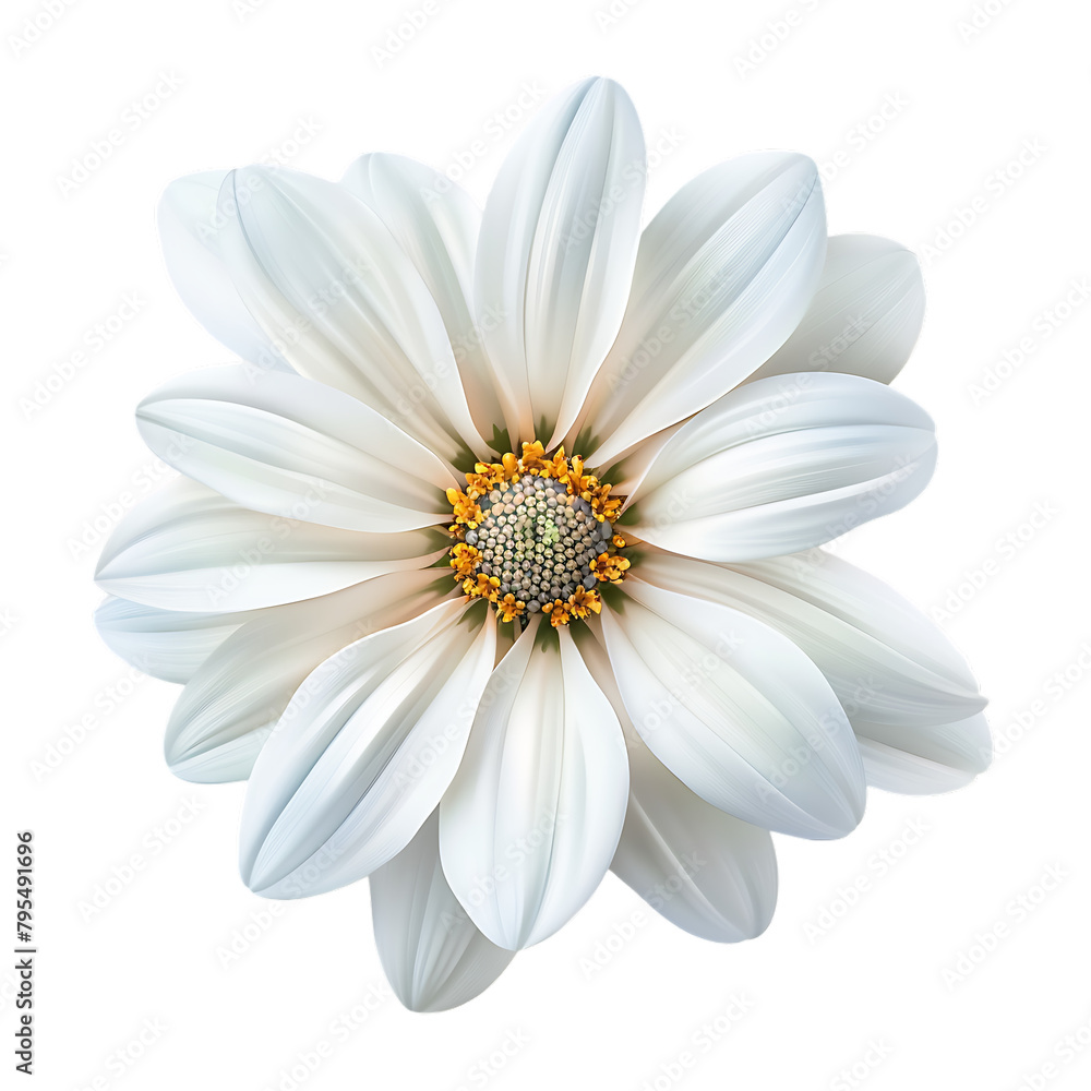 A single white flower with a yellow center on a white background.