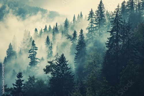 Misty landscape with fir forest in vintage retro , AI generated
