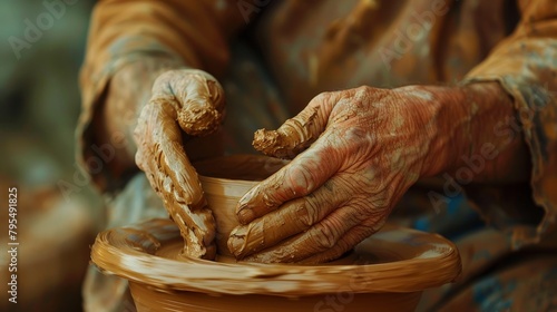 A close-up of a potter hands shaping clay on a wheel in a rustic workshop