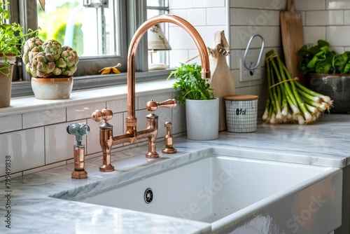 Metal copper water faucet over white ceramic sink. Element of kitchen interior with natural marble tile and counter. Utensils, kitchenware and farm vegetables asparagus on countertop