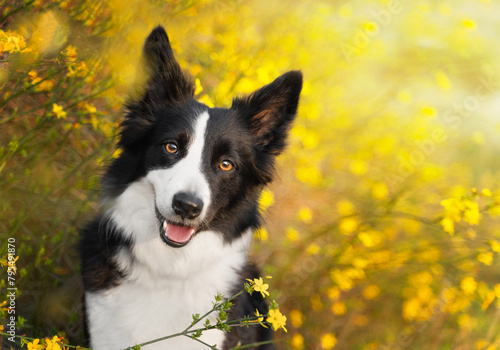 Fototapeta Naklejka Na Ścianę i Meble -  Portrait of a happy black and white border collie among yellow flowers in nature. Portrait of a dog in nature