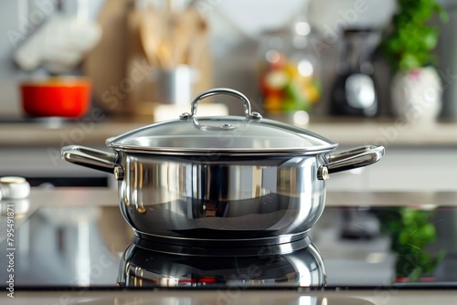 Metal pan on induction stove, close up. Stainless steel saucepan with lid on glass ceramic hob. Pot with soup. Cooking food at home. Household appliance, blurred countertop. Modern kitchen interior