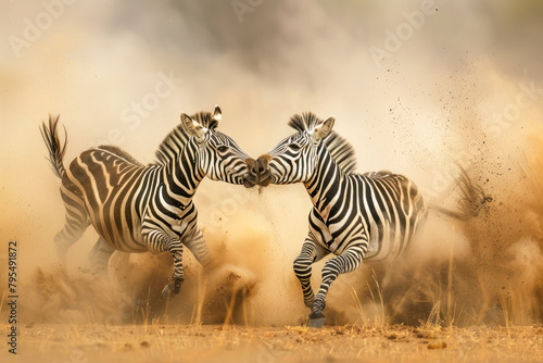 Two zebras engage in a friendly bout of sparring.