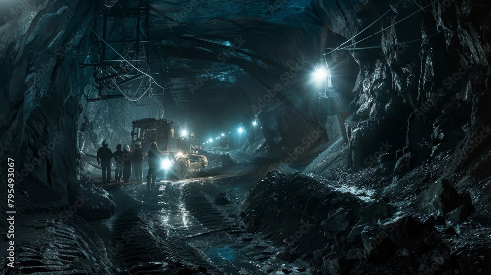 Miners equipped with helmets and lights descend into a mine, ready for extraction work