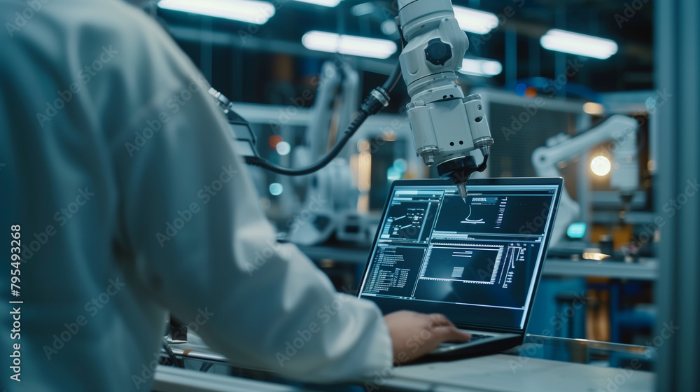 At the Factory: Automation Engineer Uses Laptop for Programming Robotic Arm. New Era in Automatic Manufacturing Industry At the Factory: Automation Engineer Uses Laptop for Programming Robotic Arm. New Era in Automatic Manufacturing Industry