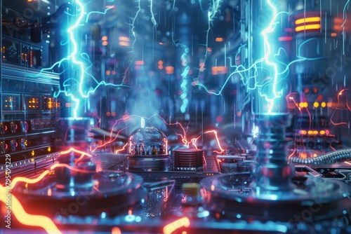 massive electric discharges happening in a futuristic laboratory experimental box photo