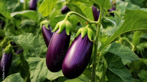 Organic eggplant in the field, vibrant purple against green leaves