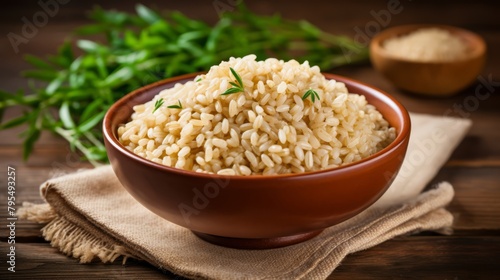 Organic brown rice in a ceramic bowl, close-up, natural and healthy food staple,