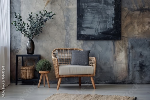 Rattan chair with plaid on armrest close to minimalist wooden stand with eucalyptus branch in vase. Modern armchair against black abstract painting at home. Wall decor in living room, copy space