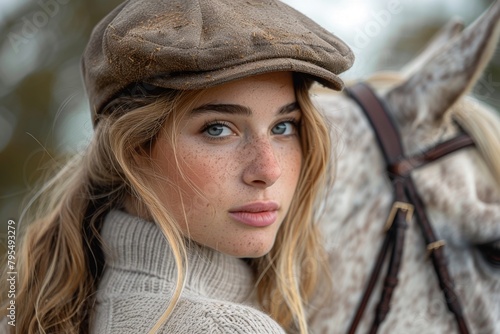 A woman wearing a tweed cap and beige sweater stands close to her horse, exuding a sophisticated equestrian vibe photo