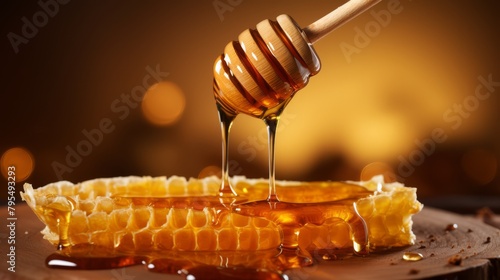 Organic honey dripping from a wooden dipper, close-up with honeycomb in the background,