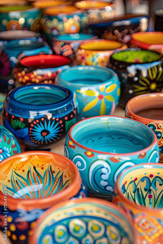 Colorful ceramic pottery with designs from Mexico and on display to be sold in a local market

