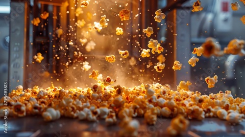 Design a levitating popcorn machine with kernels popping and floating out of the chute , 8k