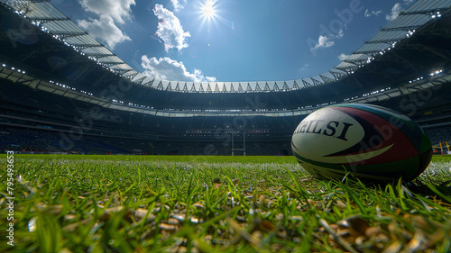 Game Day Energy: Rugby Ball on the Pitch in a Majestic Stadium