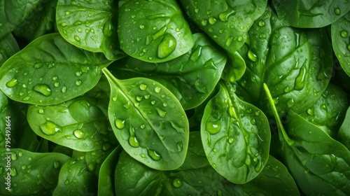 Fresh organic spinach leaves in a bowl, close-up with water droplets visible, farm fresh,