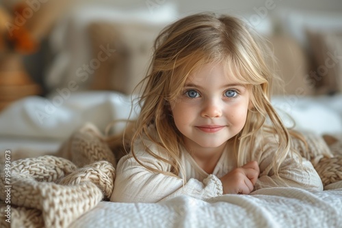 Wallpaper Mural A young girl with blonde hair and blue eyes smiles while lying on a soft knit blanket Torontodigital.ca