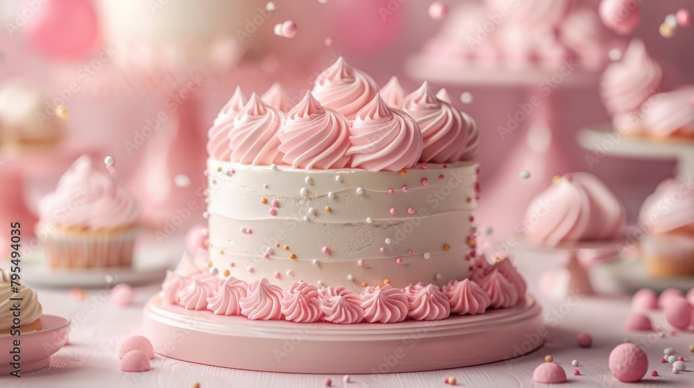 Illustrate a levitating cake decorating station with frosting and decorations floating around the cake , photographic style Illustrate a levitating cake decorating station with frosting and decorations floating around the cake , photographic style