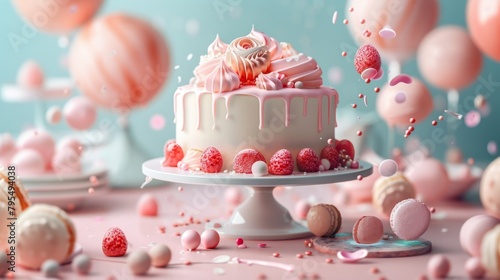 Illustrate a levitating cake decorating station with frosting and decorations floating around the cake   photographic style