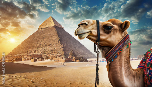 a camel poses against the backdrop of landmarks, the Egyptian pyramids in Giza. Travel postcard to commemorate your visit to Egypt