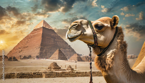 a camel poses against the backdrop of landmarks  the Egyptian pyramids in Giza. Travel postcard to commemorate your visit to Egypt