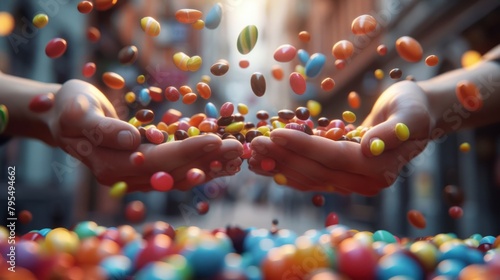 Render a scene of levitating candy dispensers releasing colorful sweets into eager hands below , 8k photo