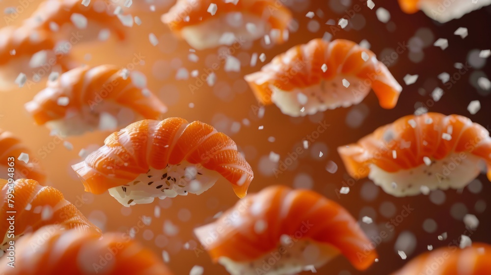 Render a scene of levitating sushi nigiri pieces arranged in a beautiful pattern , photographic style Render a scene of levitating sushi nigiri pieces arranged in a beautiful pattern , photographic style
