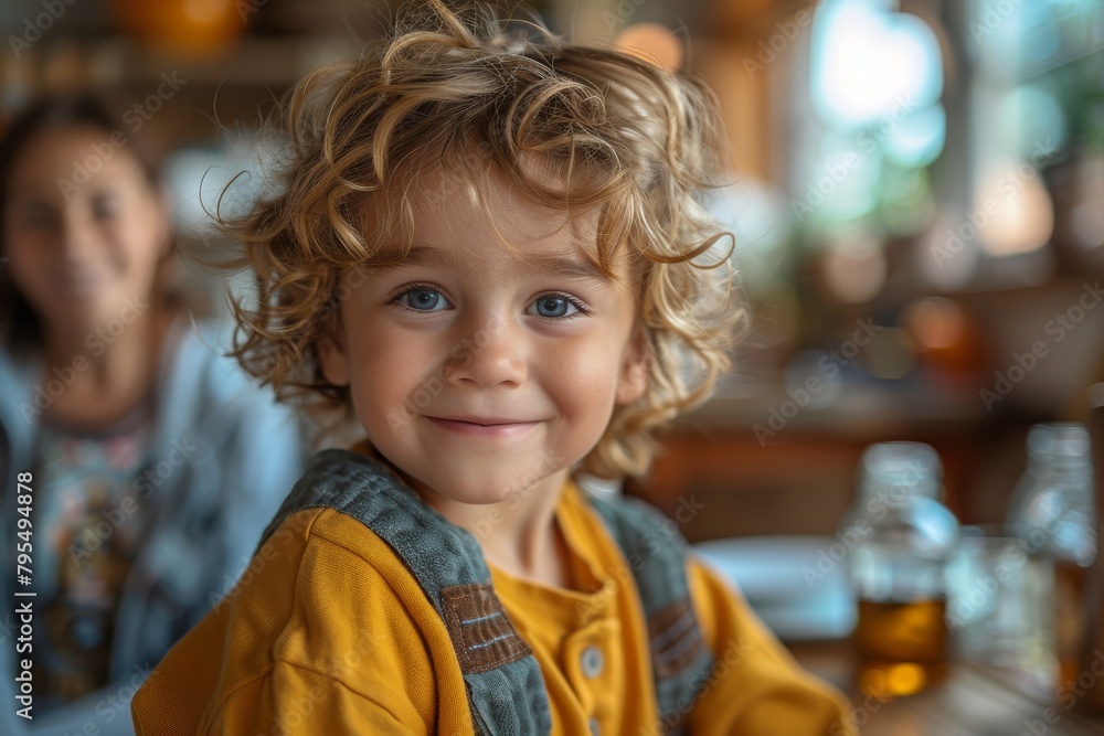 Cheerful young boy with curly hair smiling in a restaurant environment Cheerful young boy with curly hair smiling in a restaurant environment