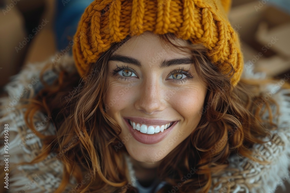 Close-up of a beautiful young woman with a yellow knitted hat and a big smile, giving a sense of coziness and joy Close-up of a beautiful young woman with a yellow knitted hat and a big smile, giving a sense of coziness and joy