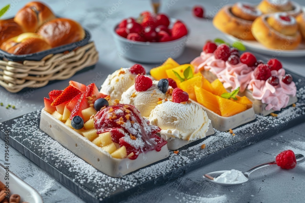 Indulge in a junk treat with a delicious dessert display, showcasing a variety of ice cream flavors including rich, milk-based delights. Indulge in a junk treat with a delicious dessert display, showcasing a variety of ice cream flavors including rich, milk-based delights.