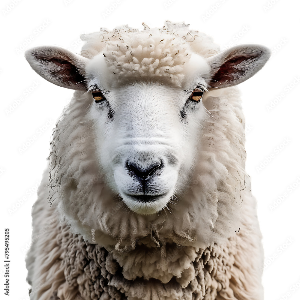  white sheep head looking at camera, white background, high resolution photography
