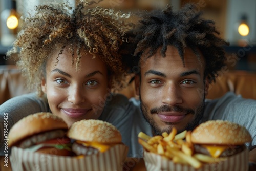 A charming couple lying head to head behind a table with cheesy burgers and fries  showcasing affection and enjoyment