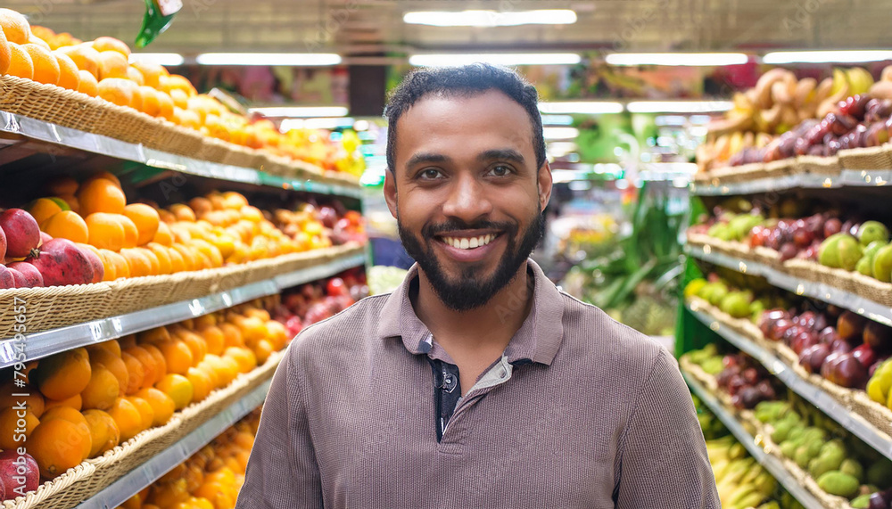 An African-American man in a supermarket stands and smiles in a row of fruits.