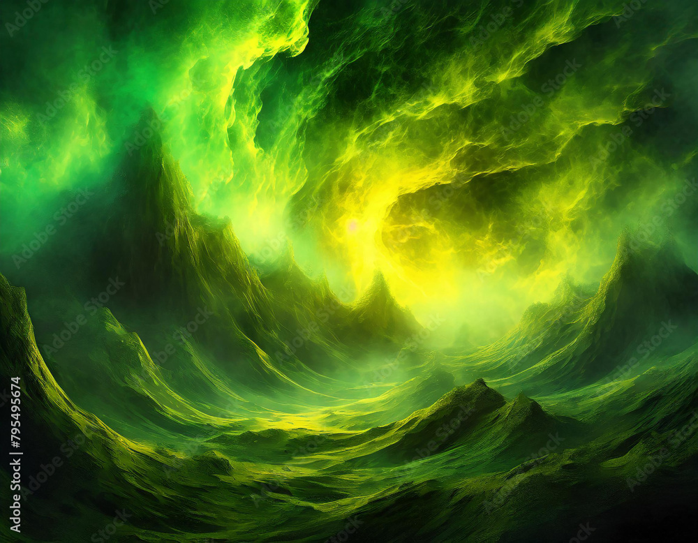 An atmospheric radioactive glow texture, with eerie green and yellow hues blending into darkness, capturing the hazardous beauty of irradiated zones